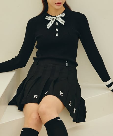 リボン付きGボタンリブニットトップス (2colors)