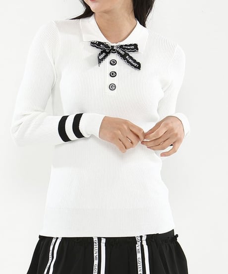 リボン付きGボタンリブニットトップス (2colors)
