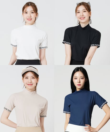 袖レタリングリブモックネック半袖シャツ (大きいサイズあり/4colors)