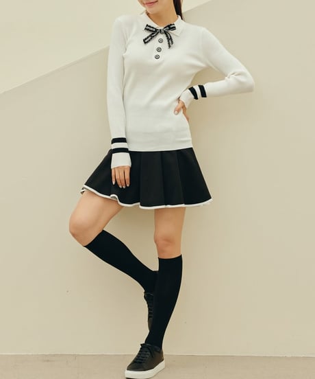 リボン付きGボタンリブニットトップス (2colors)