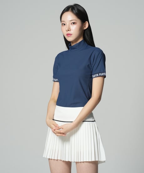 袖レタリングリブモックネック半袖シャツ (大きいサイズあり/4colors)