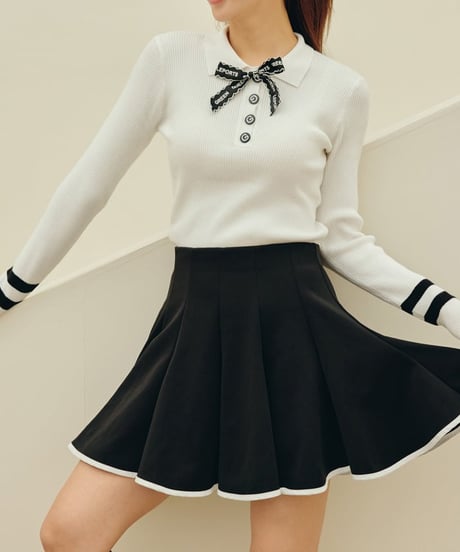 リボン付きGボタンリブニットトップス (2colors)
