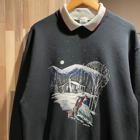 古着　ヴィンテージ　sweat スウェット　トレーナー　襟付き　USA製　個性派 レディース 古着 80s USA製 3匹の猫 アニマル 発泡 襟付き スウェット