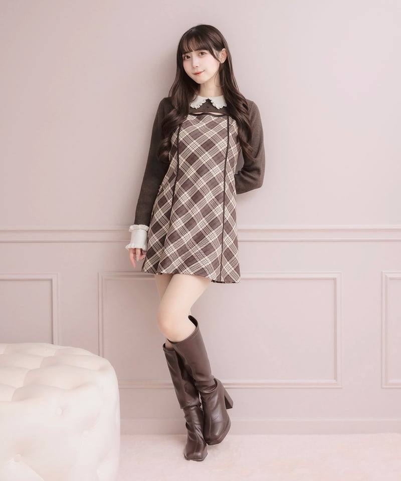 フリルカラーニット×チェックミニワンピースセット | DOLCELICHE