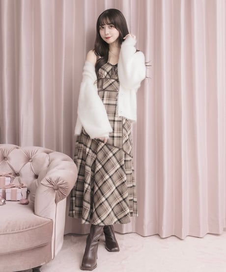 ニットトップス×チェックワンピースセット