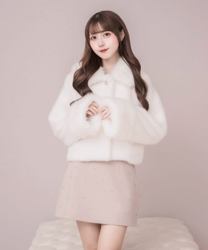 ミルフィーユクローゼット　ラビットファー　コート　バックリボン　ビジューボタン ミルフィーユクローゼット ラビットファー コート バックリボン