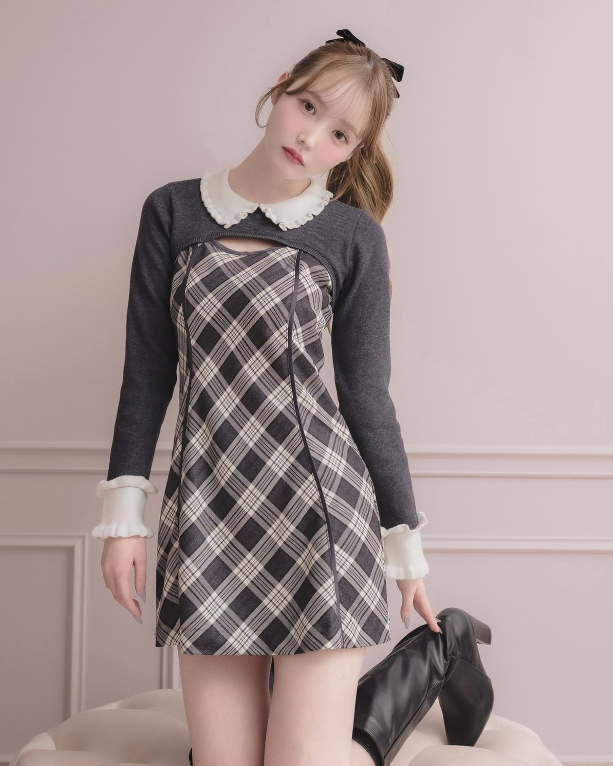 DOLCELICHE ドルチェリーチェ ワンピース フリルカラーニット×チェックミニワンピースセット | DOLCELICHE