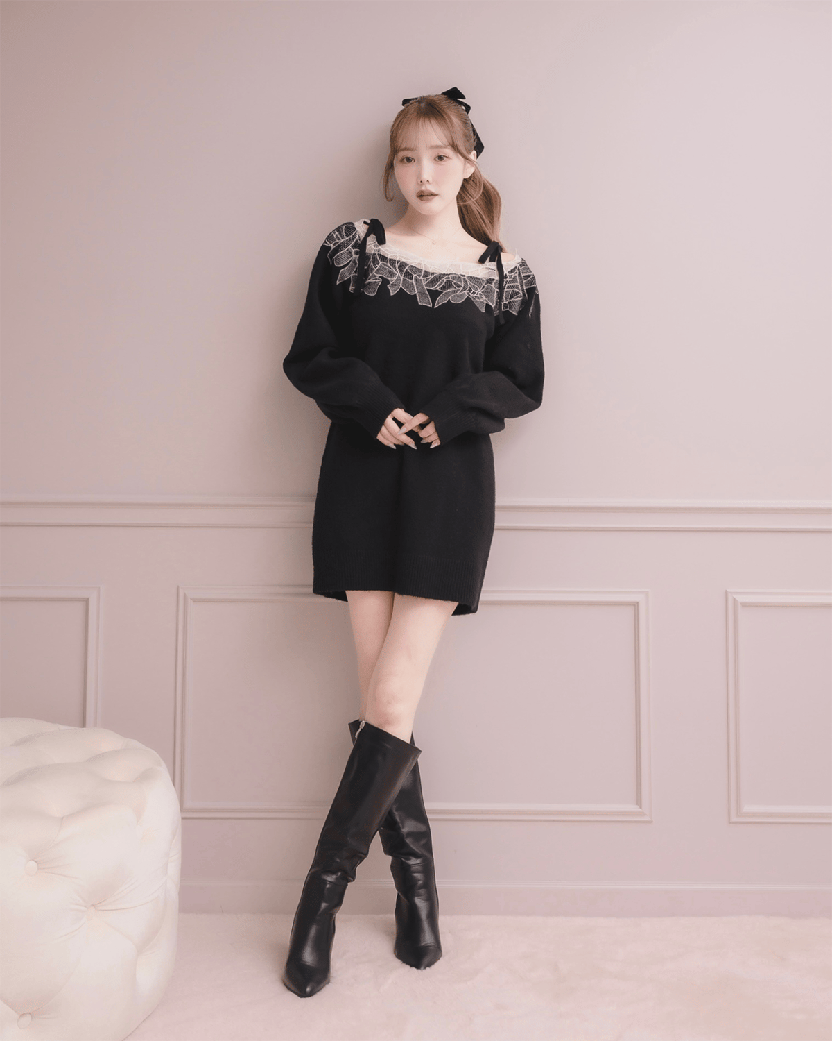 未使用級✨現行✨ロゴ刺繍ポケット フォクシー ニットワンピース 38 リボン刺繍ミニニットワンピース | DOLCELICHE（ドルチェリーチェ）