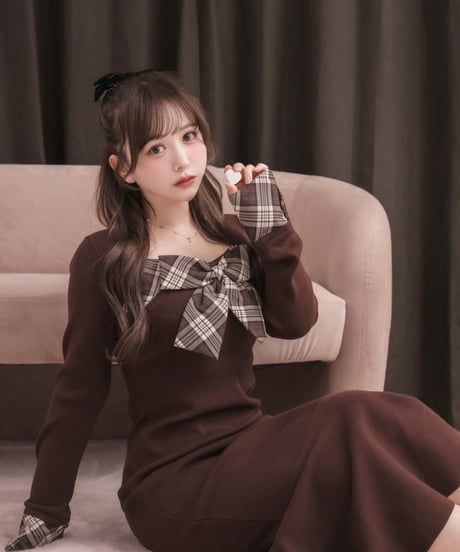 ボレロ付きチェックリボンニットワンピース