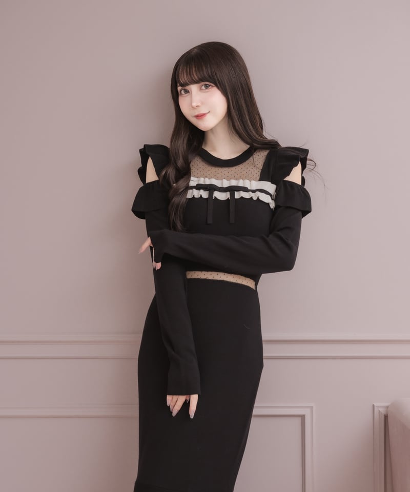 ドットチュールフリルロングスリーブワンピース | DOLCELICHE