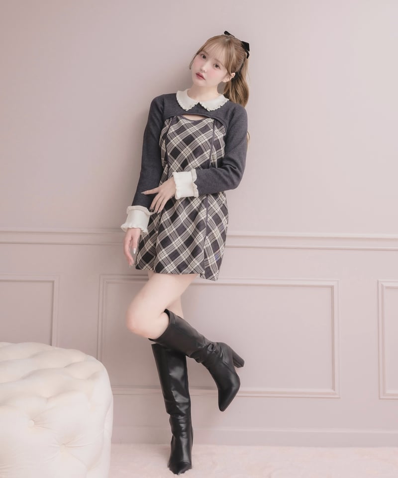 フリルカラーニット×チェックミニワンピースセット | DOLCELICHE