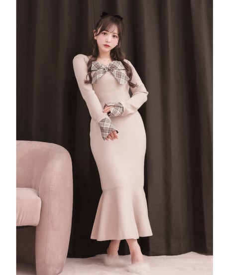 ボレロ付きチェックリボンニットワンピース