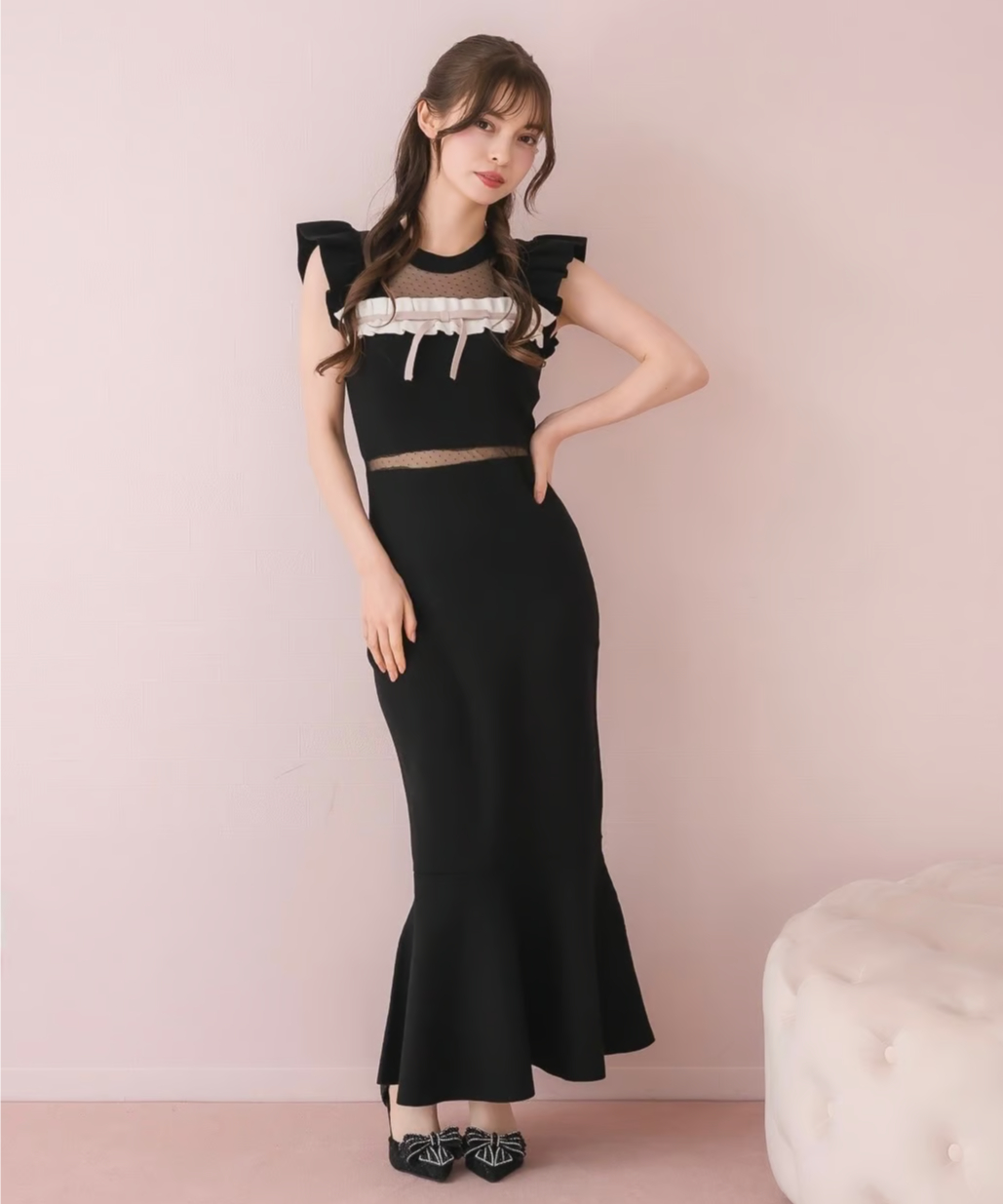 DOLCELICHE ドットチュールフリルニットワンピース ピンク DOLCE LICHE ドットチュールフリルニットワンピース ピンク バイカラー