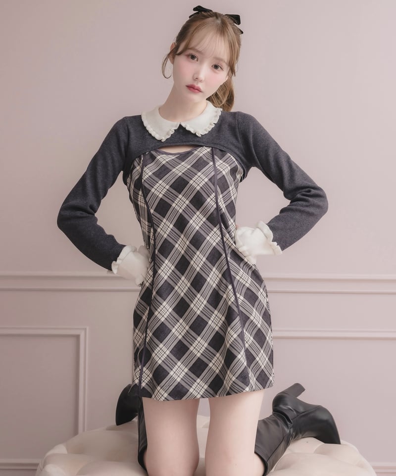 フリルカラーニット×チェックミニワンピースセット | DOLCELICHE