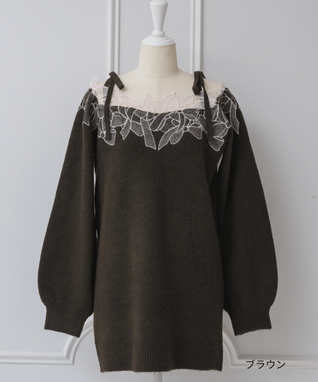 リボン刺繍ミニニットワンピース