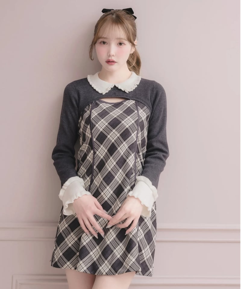 フリルカラーニット×チェックミニワンピースセット | DOLCELICHE