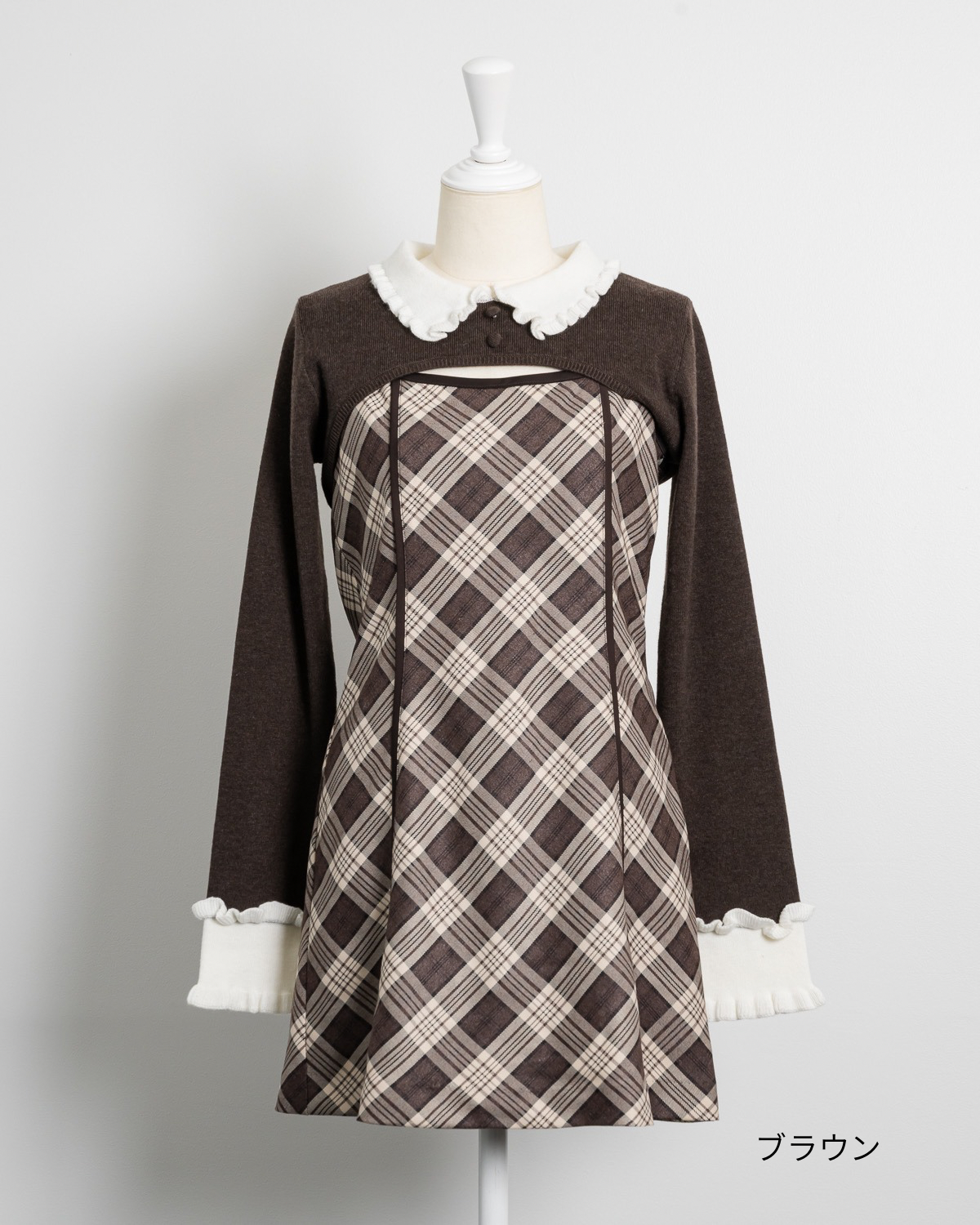 フリルカラーニット×チェックミニワンピースセット | DOLCELICHE