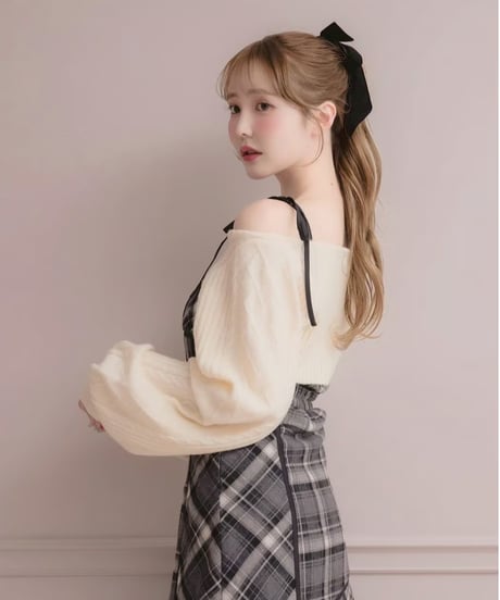 ニットトップス×チェックワンピースセット