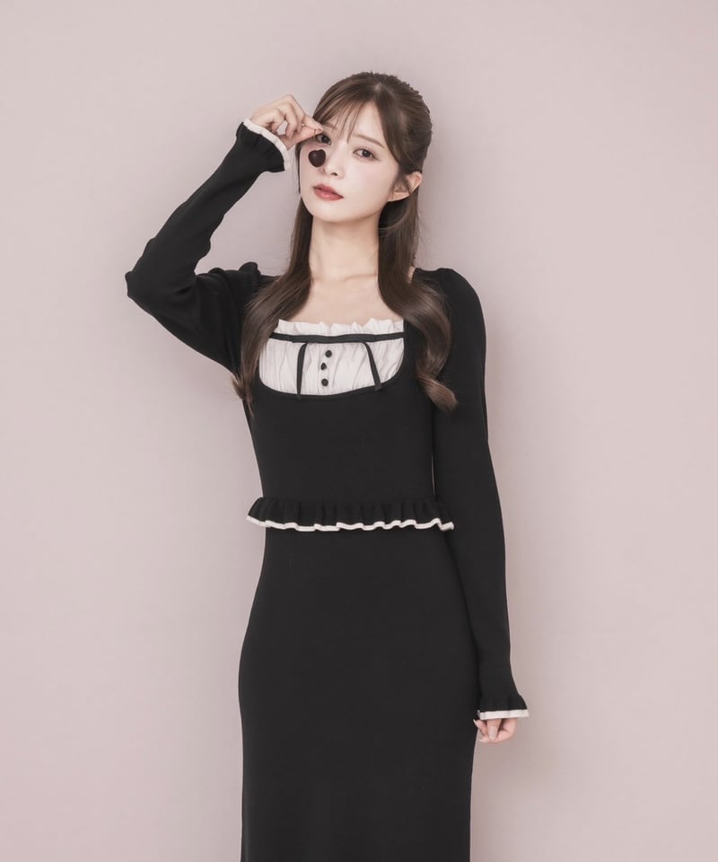 DOLCE LICHE ドットチュールフリルニットワンピース ピンク ドット