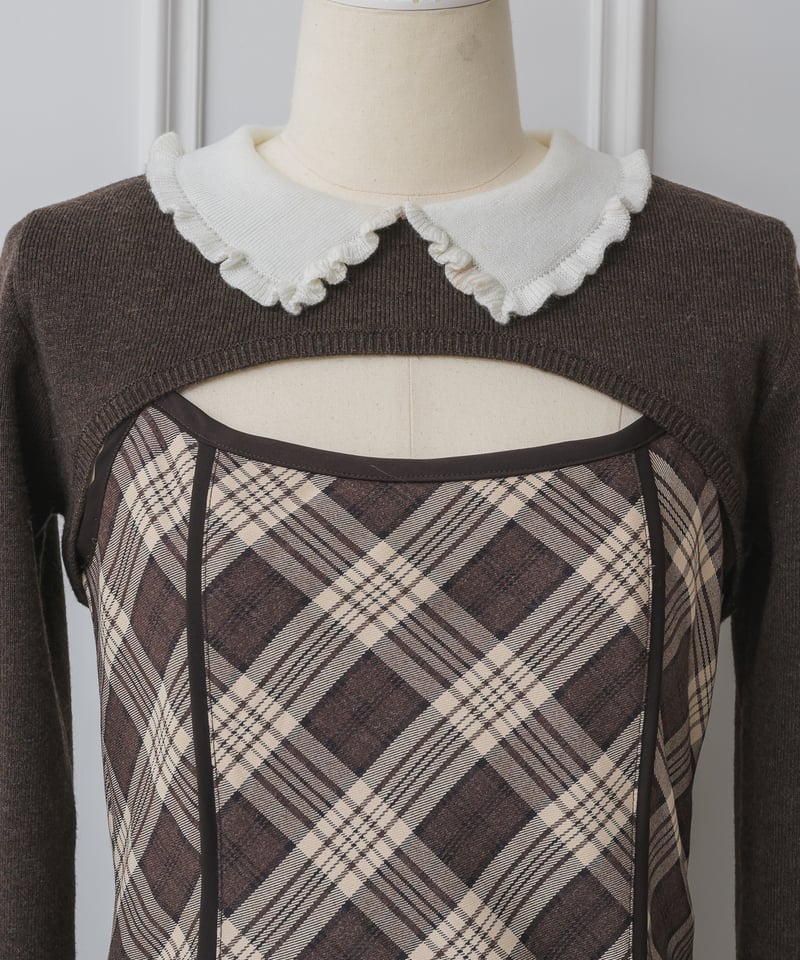 フリルカラーニット×チェックミニワンピースセット | DOLCELICHE