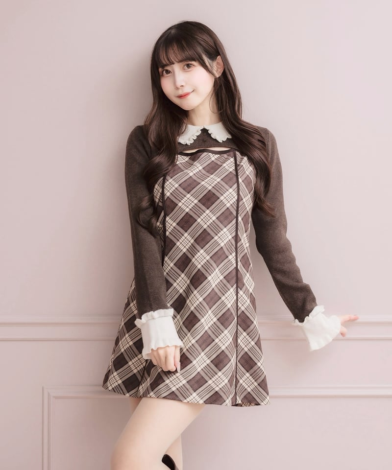 フリルカラーニット×チェックミニワンピースセット | DOLCELICHE