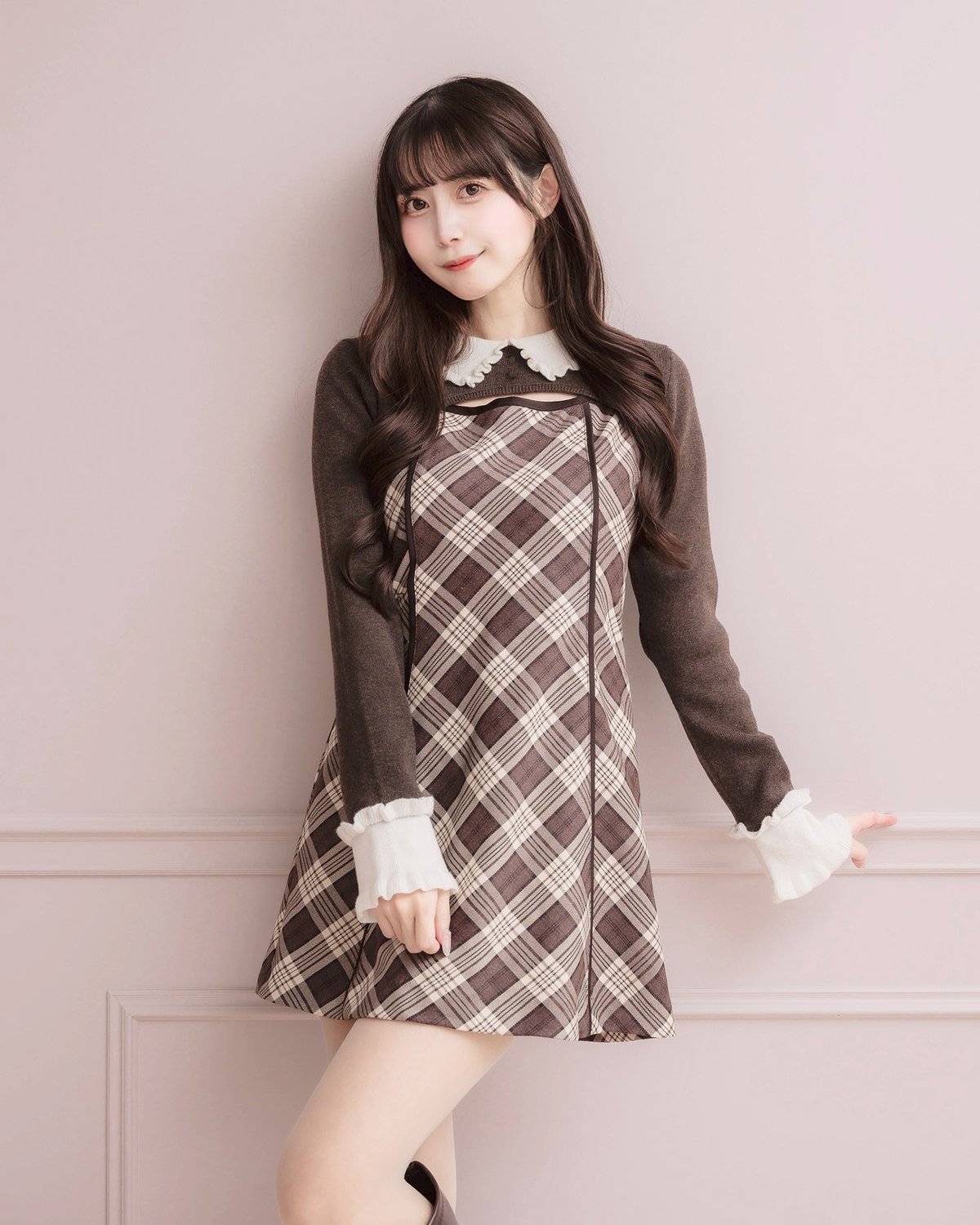 フリルカラーニット×チェックミニワンピースセット | DOLCELICHE
