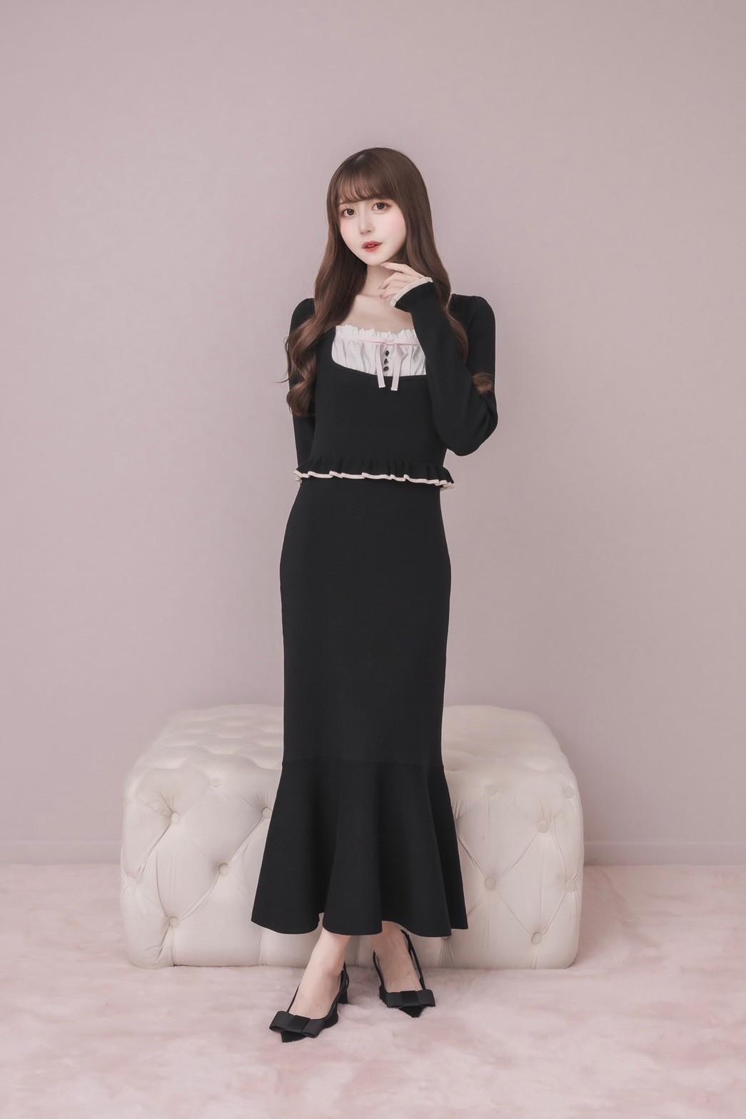 DOLCE LICHE ドットチュールフリルニットワンピース ピンク ドット