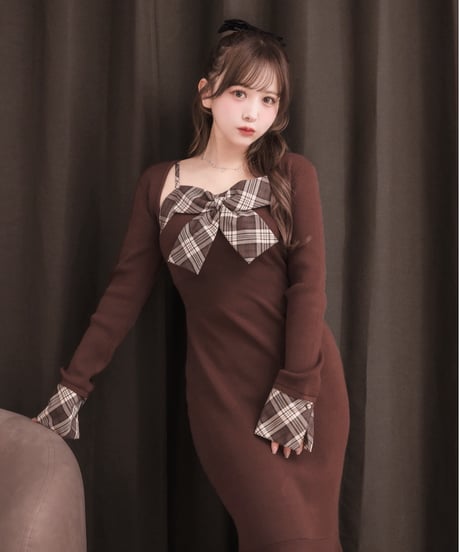 ボレロ付きチェックリボンニットワンピース