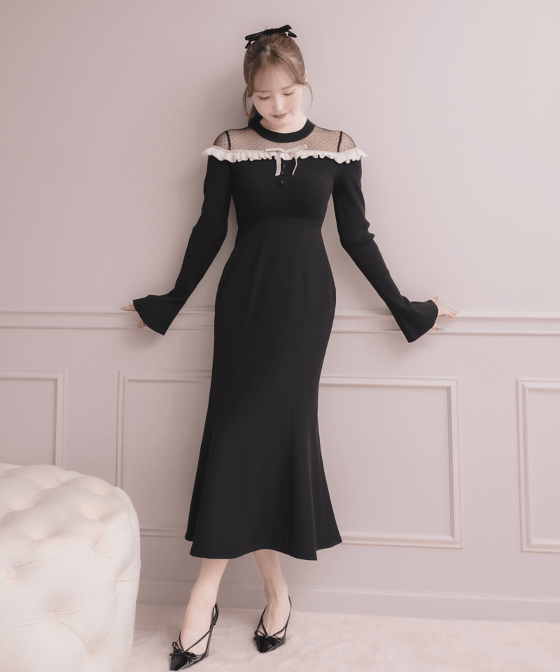 タグ付【グッチ】ウールブローチ付きデコルテドレスワンピース☆半袖☆ブラック☆S タグ付【グッチ】ウールブローチ付きデコルテドレスワンピース☆半袖