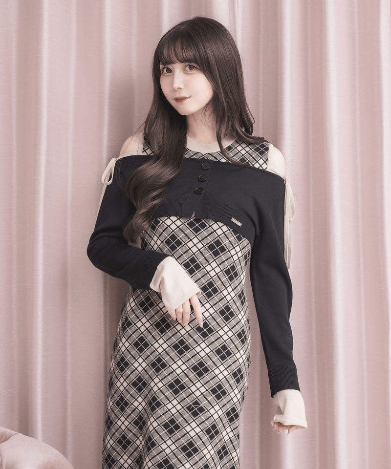 【DOLCELICHE】ニットトップス×チェックワンピースセット　ブラウン ニットトップス×チェックワンピースセット | DOLCELICHE（ドルチェ