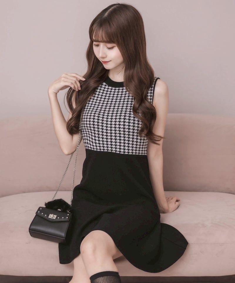 pium 千鳥柄ニットワンピカーデセット ブラック 千鳥柄ニットワンピカーデセット – pium