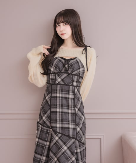 ニットトップス×チェックワンピースセット