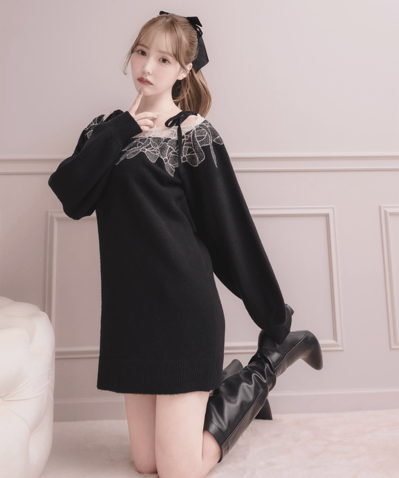 YanYan 花柄刺繍 ミニニットワンピース Mサイズ リボン刺繍ミニニットワンピース | DOLCELICHE（ドルチェリーチェ）