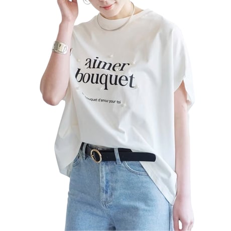 パールデザイン 英字プリントドルマンTシャツ