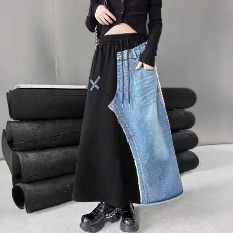 4115デニム×スウェット　切替デザインロングスカート