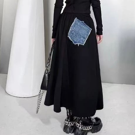 4115デニム×スウェット　切替デザインロングスカート