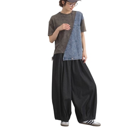 3126デニム 異素材 切替 リメイク風 半袖 Tシャツ