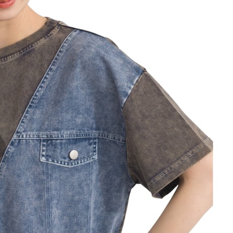 3126デニム 異素材 切替 リメイク風 半袖 Tシャツ