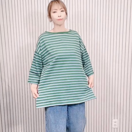 グリーンボーダー七分袖Tシャツ