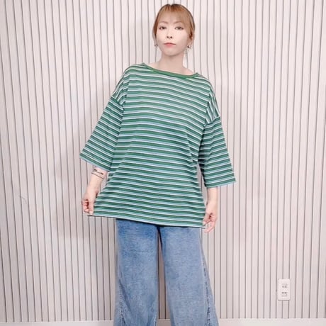 グリーンボーダー七分袖Tシャツ