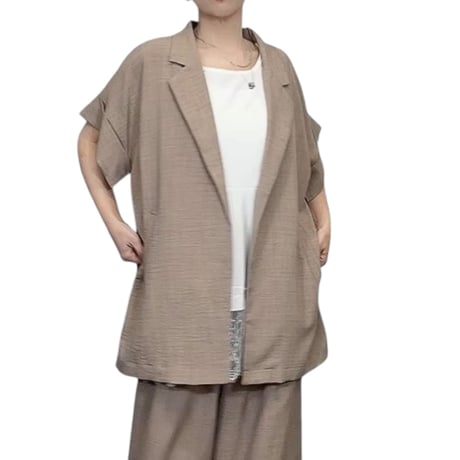 リネンライク 半袖 ゆるテーラード ロング丈 ジャケット