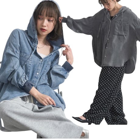 248189接触冷感 4.5oz とろみ リヨセル デニム フード シャツ
