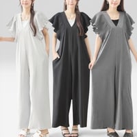 345フリルシャーリングスリーブVネックオールインワン