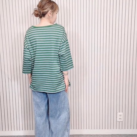 グリーンボーダー七分袖Tシャツ