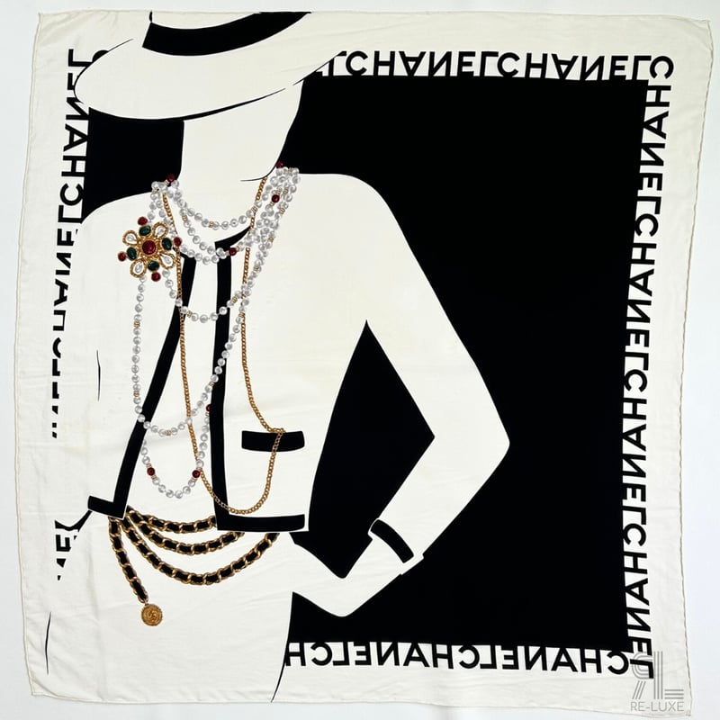 CHANELシルクスカーフ モノトーンVINTAGE ココシャネル マドモアゼル柄