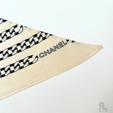 CHANEL シャネル VINTAGEシルク スカーフ ベージュ系 チェーン柄 ロングタイプ