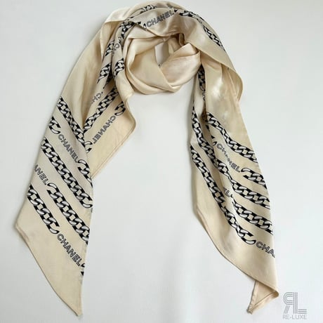 CHANEL シャネル VINTAGEシルク スカーフ ベージュ系 チェーン柄 ロングタイプ