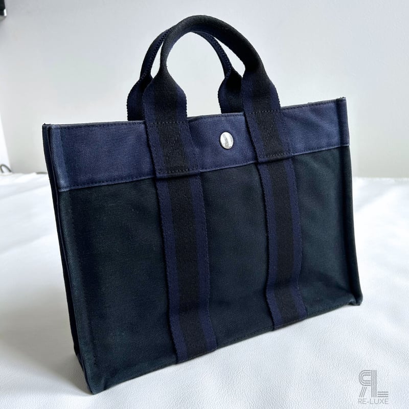 エルメス　フールトゥ　PM　トートバッグ　ハンドバッグ　ブラック×ネイビー □エルメス□ フールトゥPM トートバッグ キャンバス ネイビー