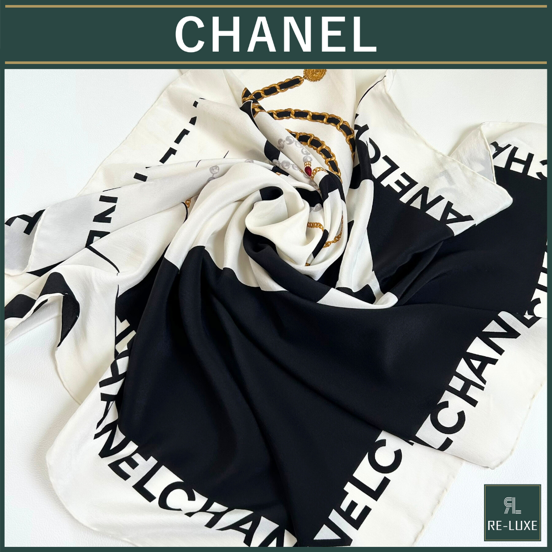 CHANEL シャネル マドモアゼル シルク スカーフ ヴィンテージ CHANELシルクスカーフ モノトーンVINTAGE ココシャネル マドモアゼル柄