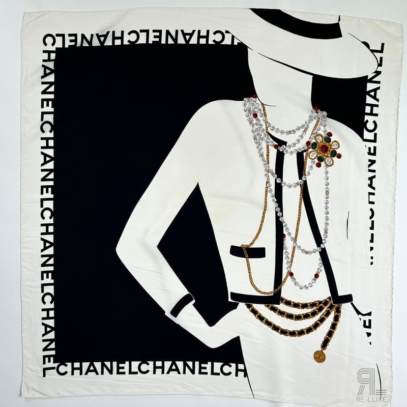 CHANELヴィンテージ　シャネル　シルクスカーフ　マドモアゼル CHANELシルクスカーフ モノトーンVINTAGE ココシャネル